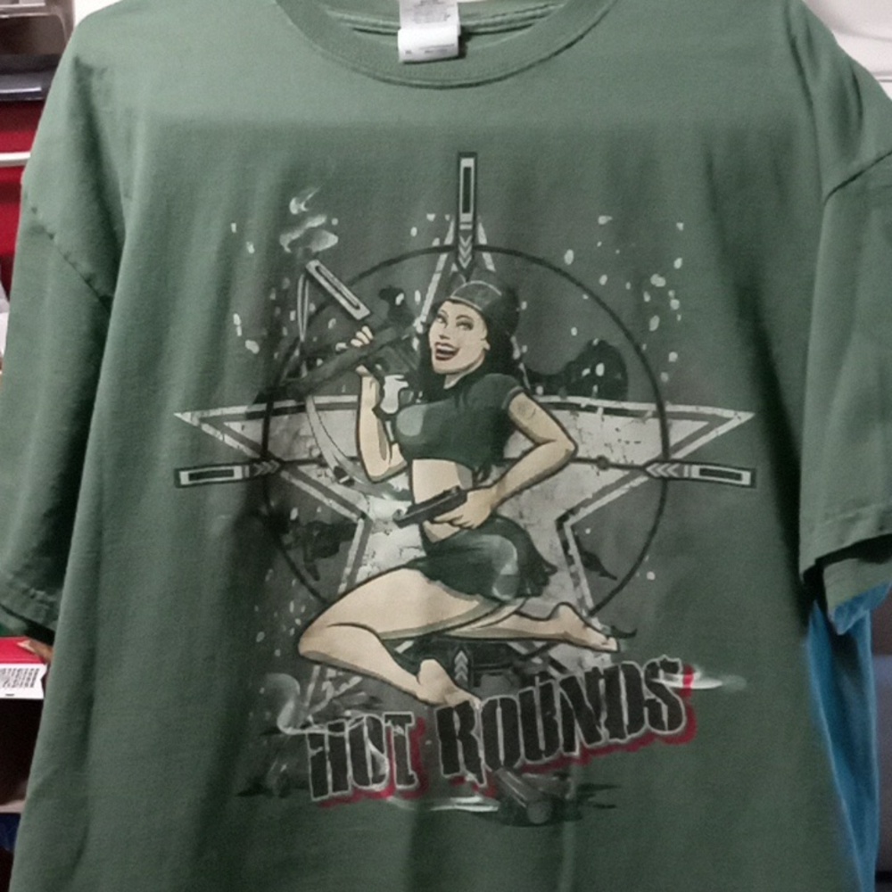 Army Green Short Sleeve T-shirt with Cute Army Girl-"HOT ROUNDS" (XL)